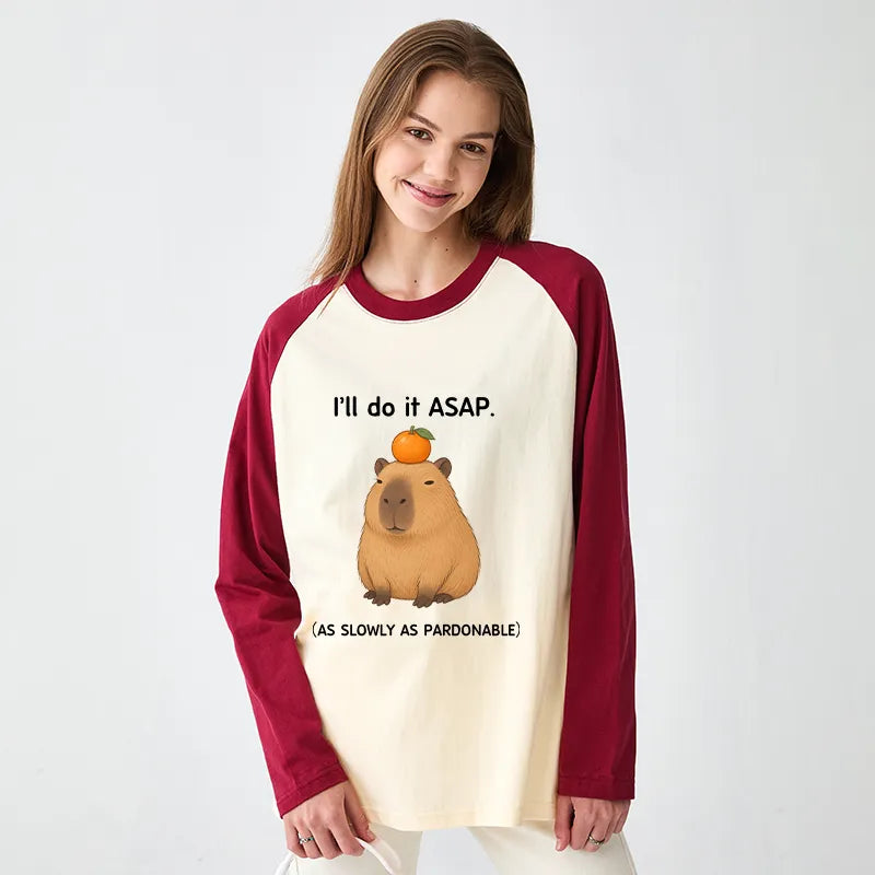 Kyoto-Lion Slow Task Capybara Meme Raglan Long Sleeve T-shirt