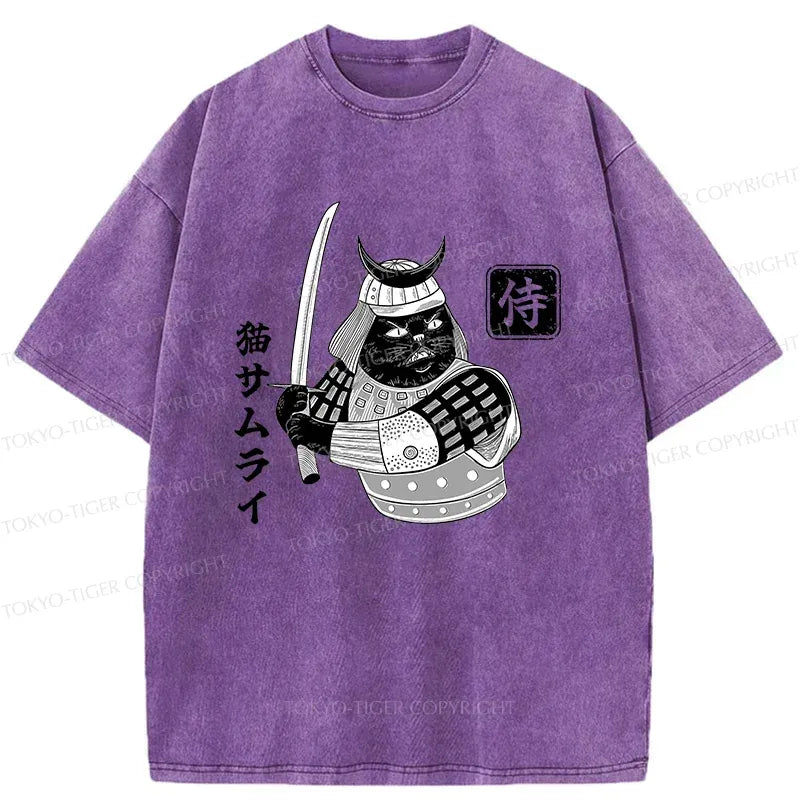 Samurai Cat Washed T-Shirt for Summer