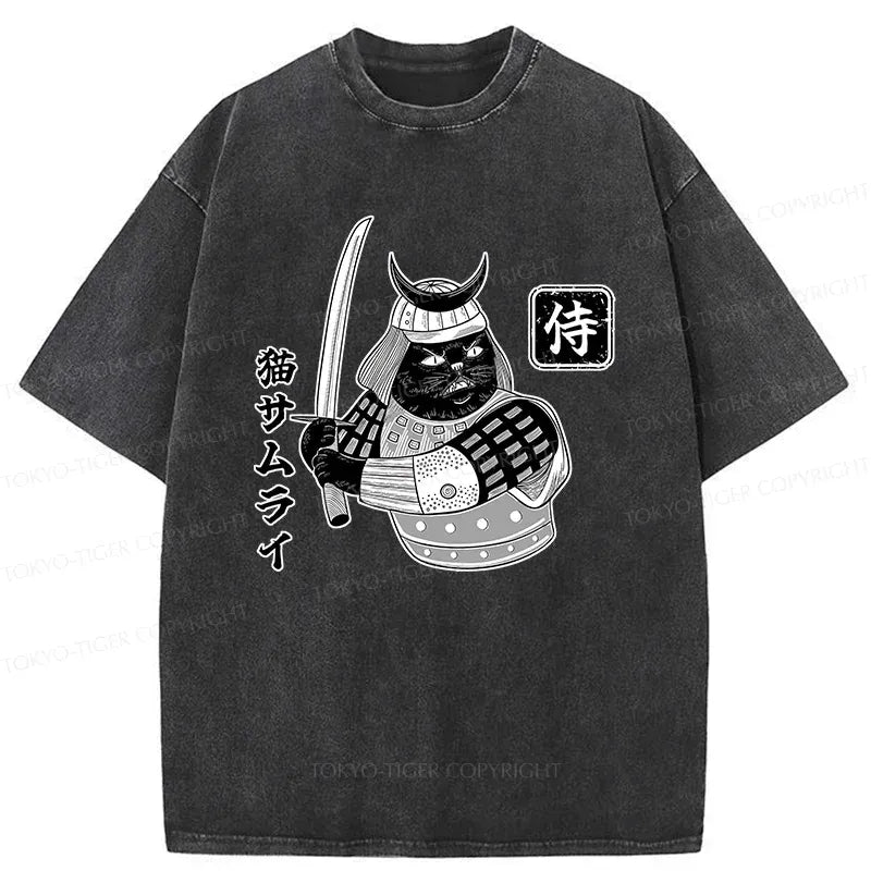Kyoto-Lion Cat Samurai With Sword Washed T-Shirt