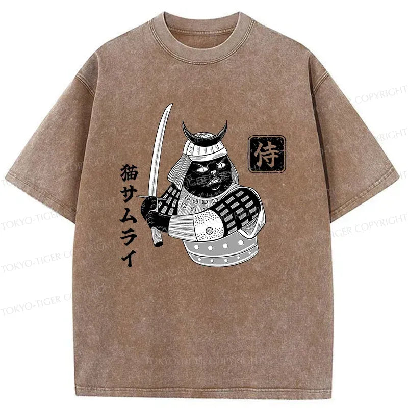 Samurai Cat Washed T-Shirt for Summer