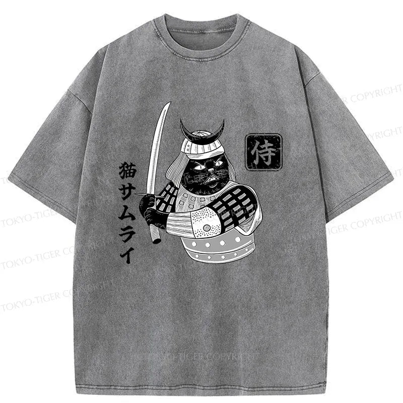 Kyoto-Lion Cat Samurai With Sword Washed T-Shirt