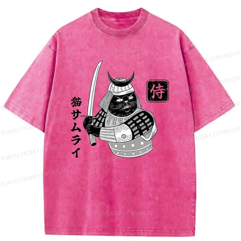 Samurai Cat Washed T-Shirt for Summer