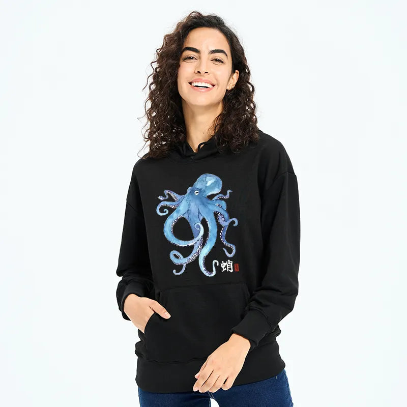 Kyoto-Lion Watercolor Blue Octopus Classic Hoodie