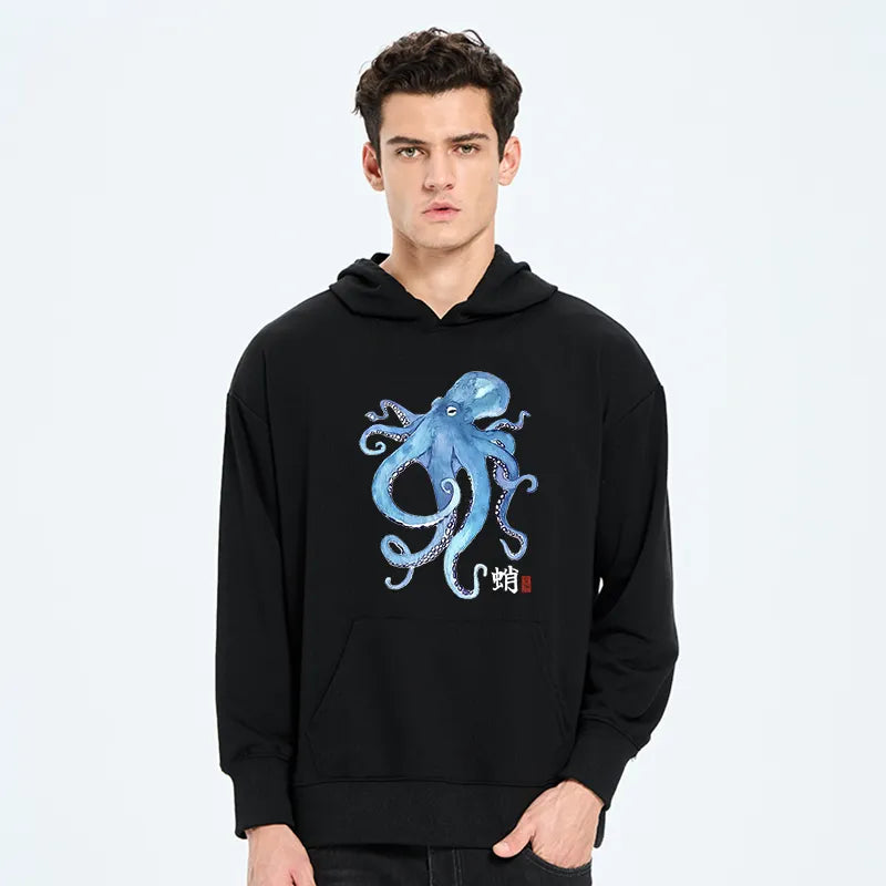 Kyoto-Lion Watercolor Blue Octopus Classic Hoodie