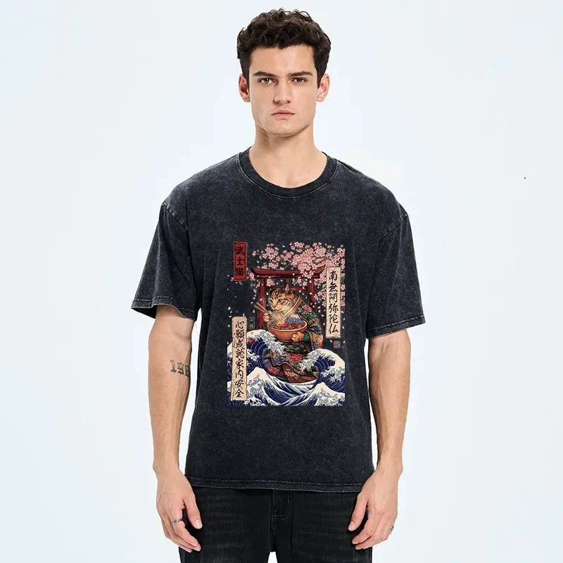 Kyoto-Lion Samurai Cat Eating Noodles Wave Scene Washed T-Shirt