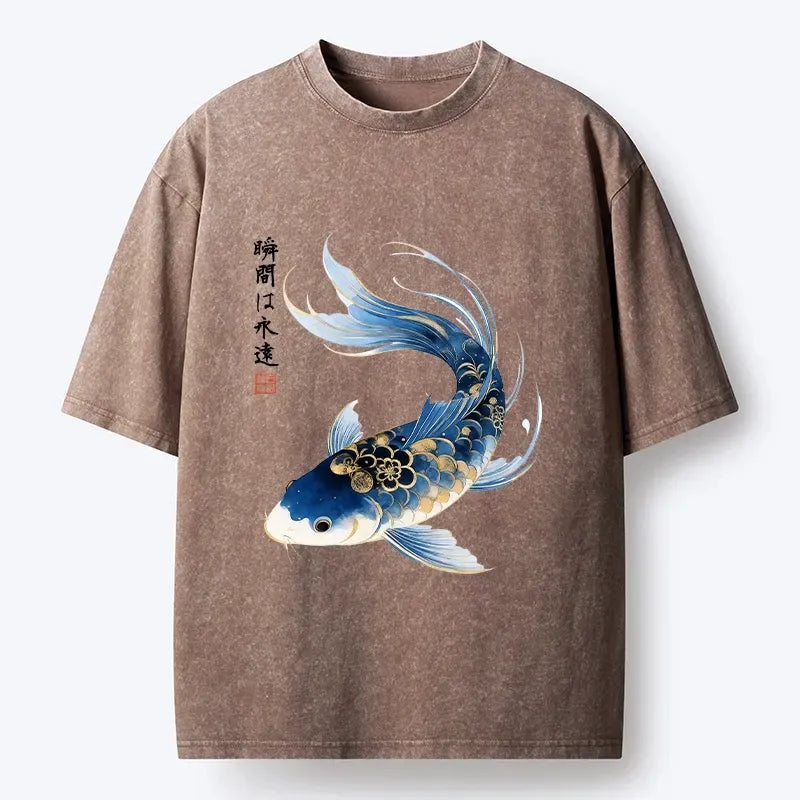 Kyoto-Lion Elegant Koi Fish Watercolor Art Washed T-Shirt