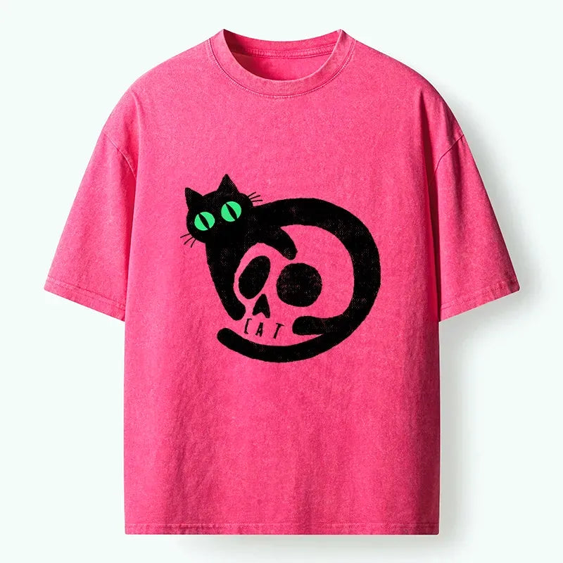 Kyoto-Lion Spooky Black Cat Skull Meme Washed T-Shirt