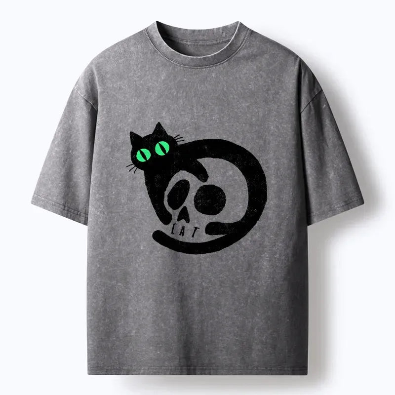 Kyoto-Lion Spooky Black Cat Skull Meme Washed T-Shirt