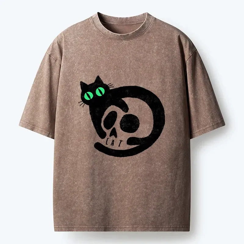 Kyoto-Lion Spooky Black Cat Skull Meme Washed T-Shirt