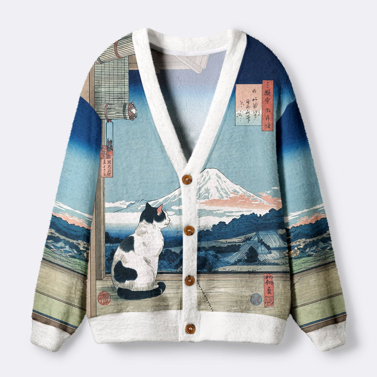 Kyoto-Lion Cat Facing Mount Fuji Ugly Cardigan Sweater