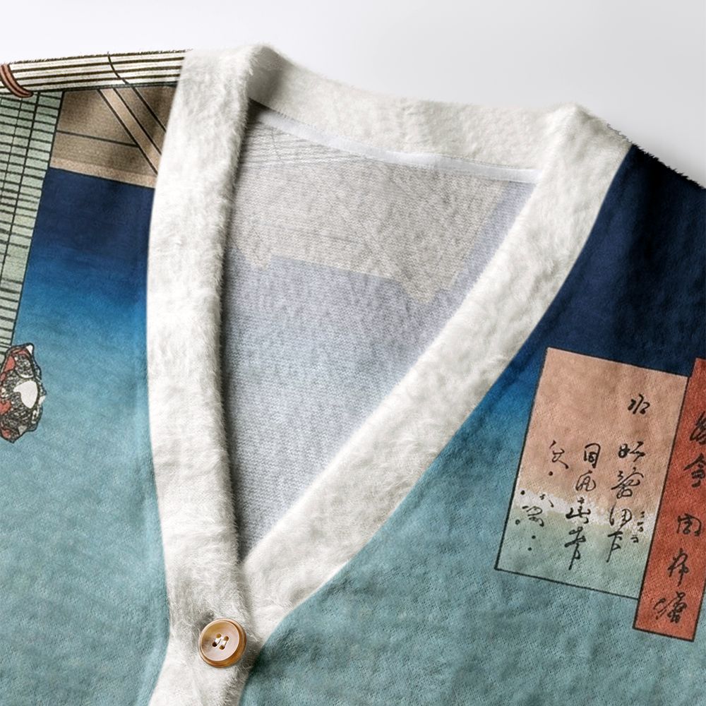 Kyoto-Lion Cat Facing Mount Fuji Ugly Cardigan Sweater