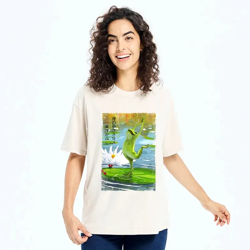 Kyoto-Lion Yoga Frog Lotus Zen Funny Meme Washed T-Shirt