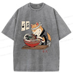 Kyoto-Lion Shiba Inu Eating Ramen Japan Washed T-Shirt