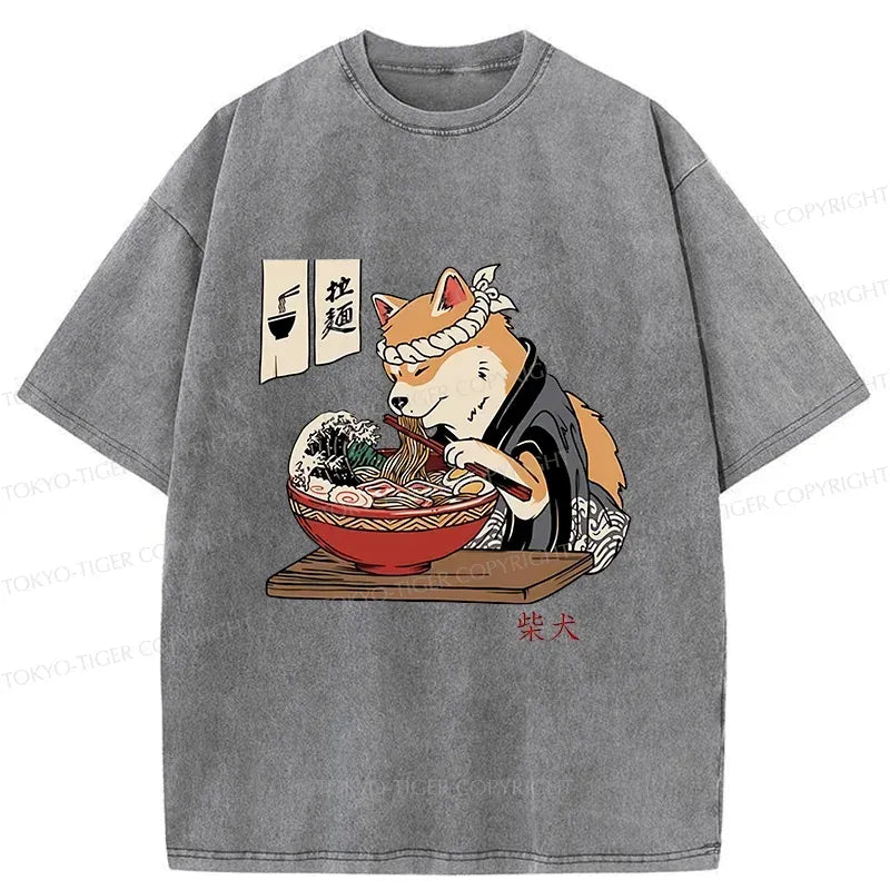 Kyoto-Lion Shiba Inu Eating Ramen Japan Washed T-Shirt