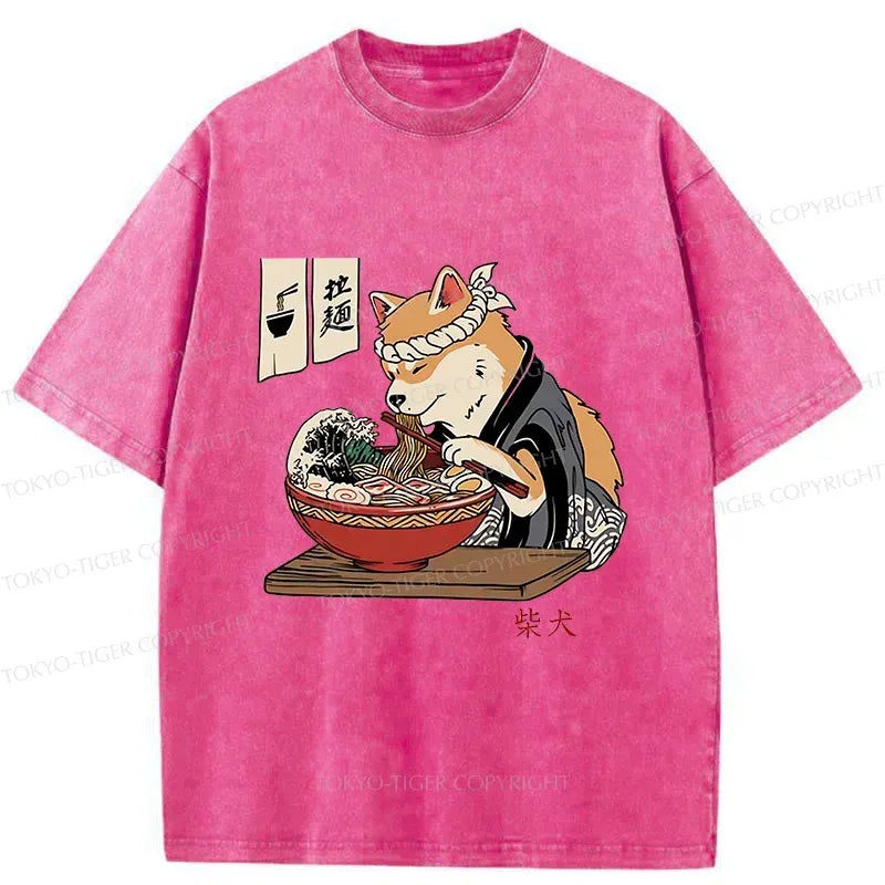 Kyoto-Lion Shiba Inu Eating Ramen Japan Washed T-Shirt