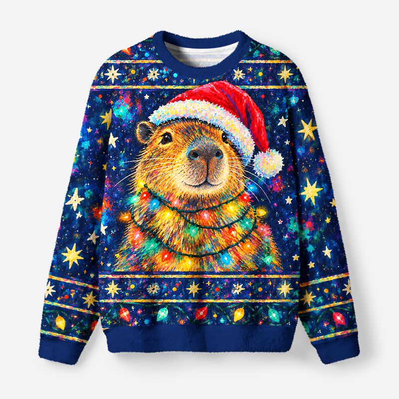 Kyoto-Lion Christmas Capybara Lights Fuzzy Christmas Ugly Sweatshirt