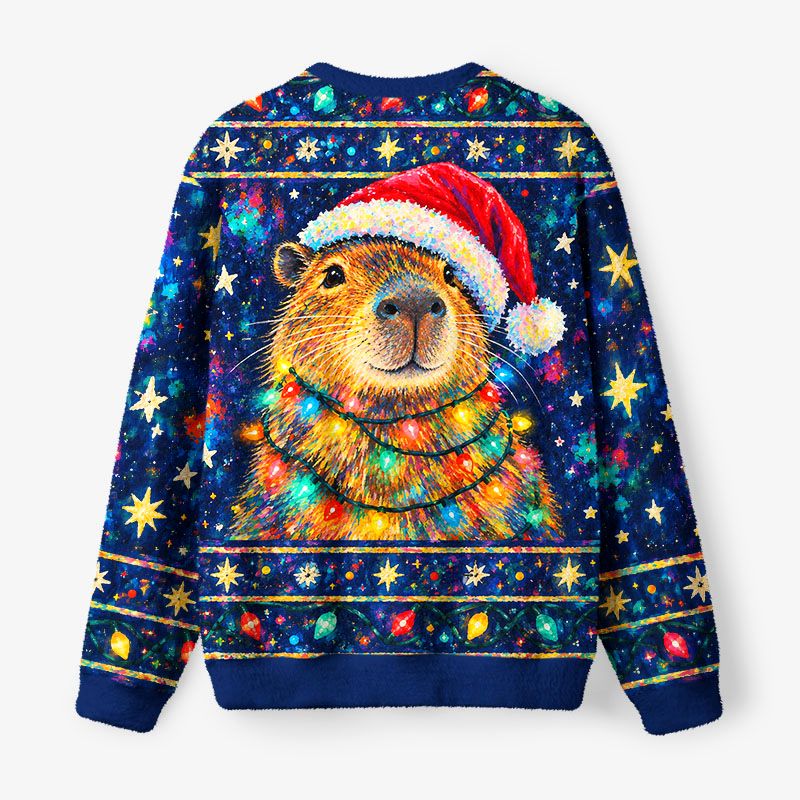 Kyoto-Lion Christmas Capybara Lights Fuzzy Christmas Ugly Sweatshirt