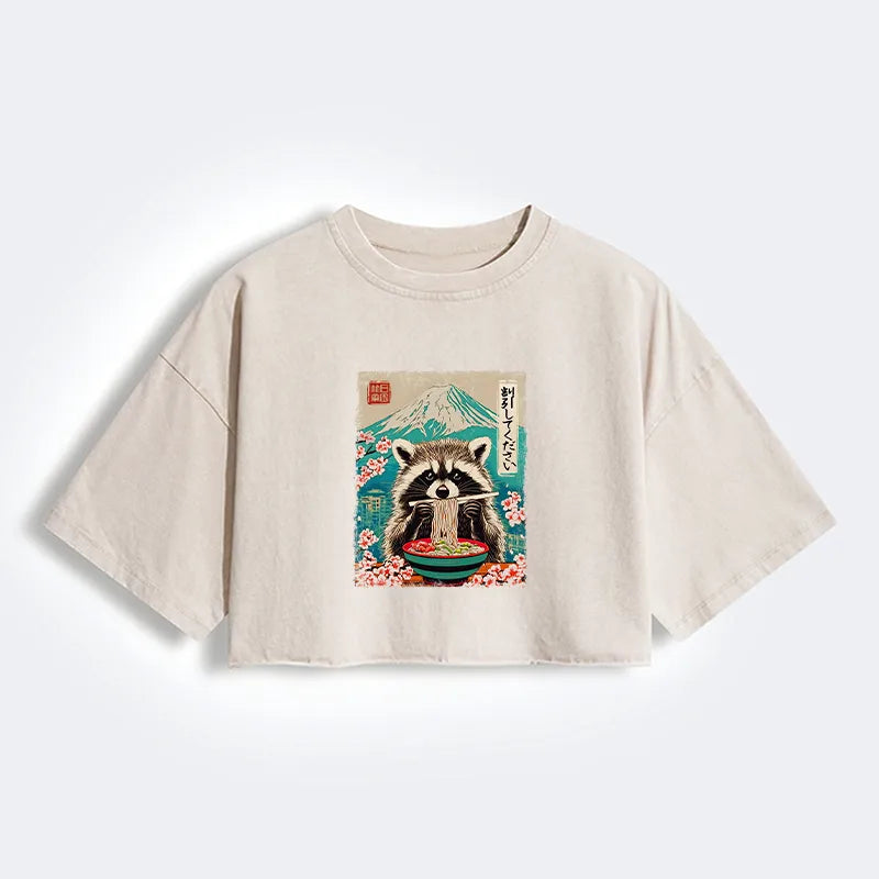 Kyoto-Lion Please Give Raccoon A Discount Women's Washed Crop T-Shirt