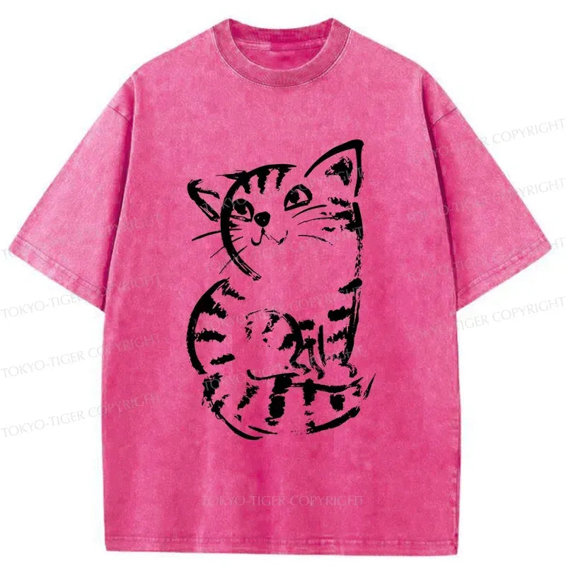Retro Japanese Cat Washed T-Shirt for Streetwear