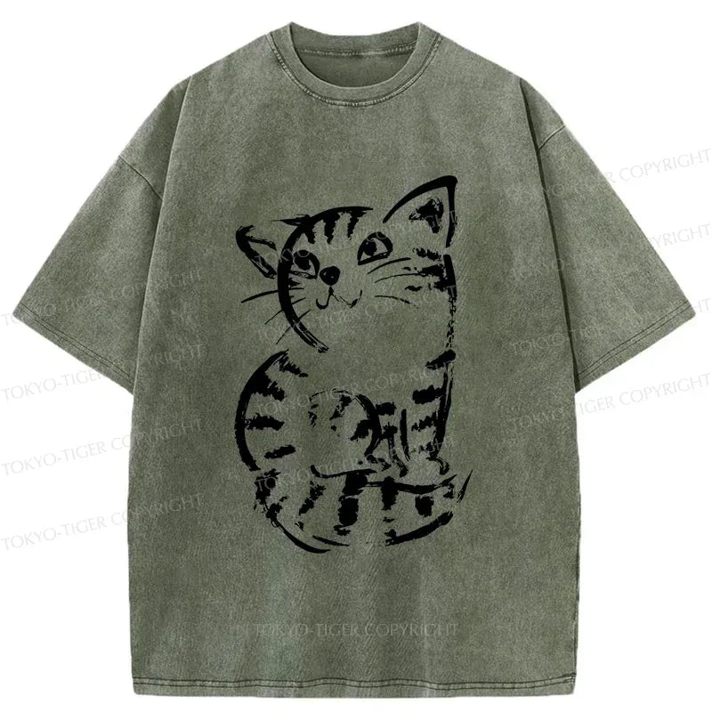 Kyoto-Lion Retro Japanese Cat Washed T-Shirt