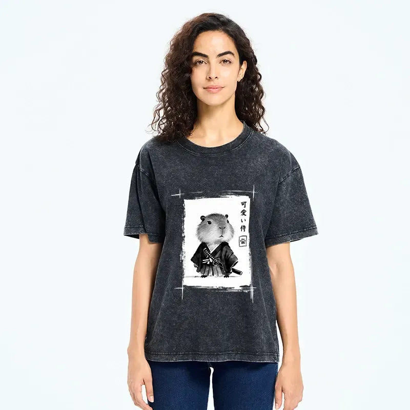 Kyoto-Lion Cute Samurai Capybara Meme Washed T-Shirt