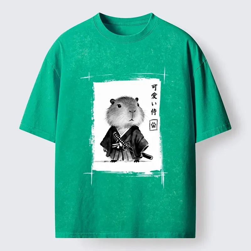 Funny Japanese Samurai Capybara Washed T-Shirt