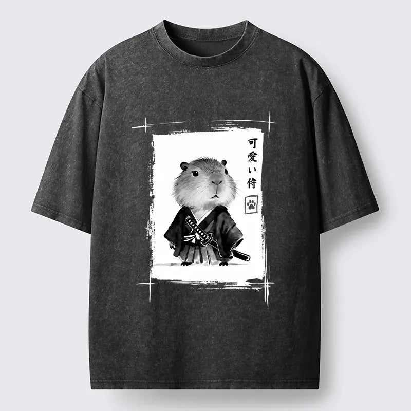 Kyoto-Lion Cute Samurai Capybara Meme Washed T-Shirt