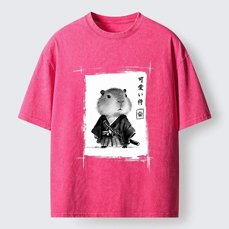 Funny Japanese Samurai Capybara Washed T-Shirt