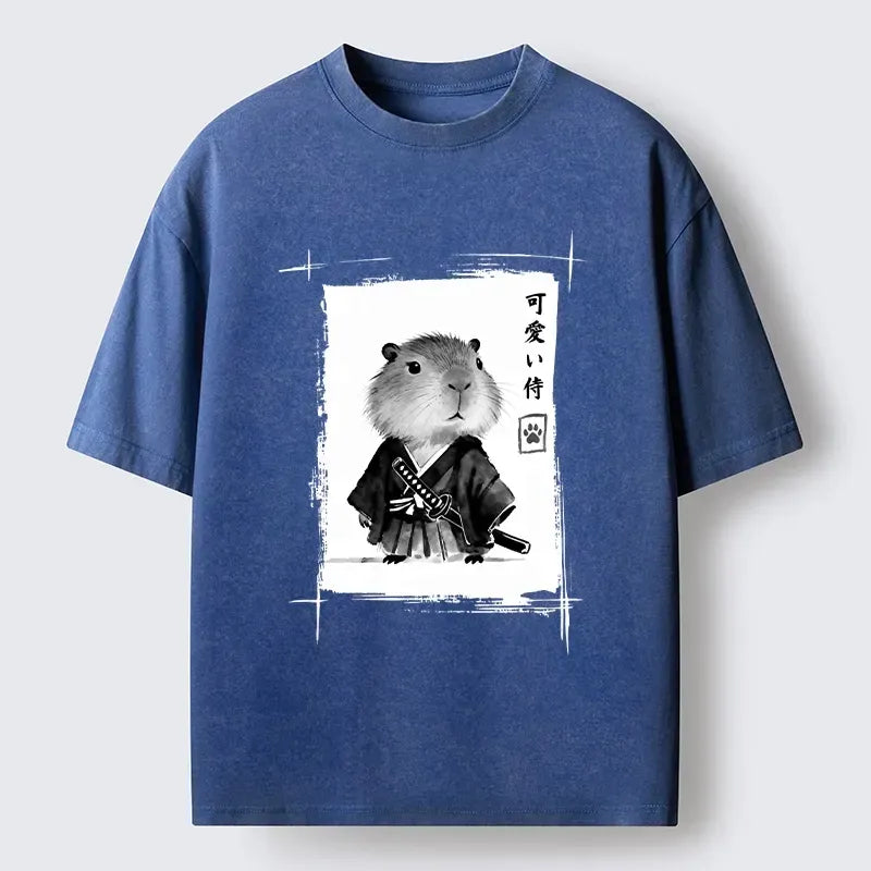 Kyoto-Lion Cute Samurai Capybara Meme Washed T-Shirt