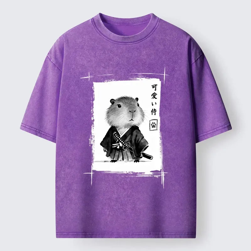 Kyoto-Lion Cute Samurai Capybara Meme Washed T-Shirt