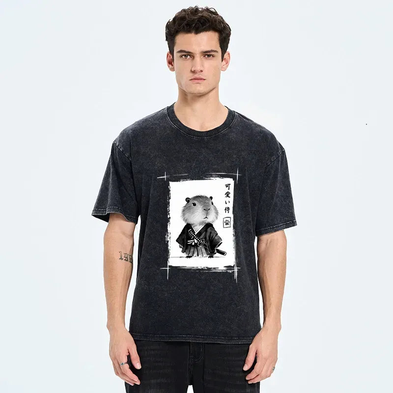 Kyoto-Lion Cute Samurai Capybara Meme Washed T-Shirt