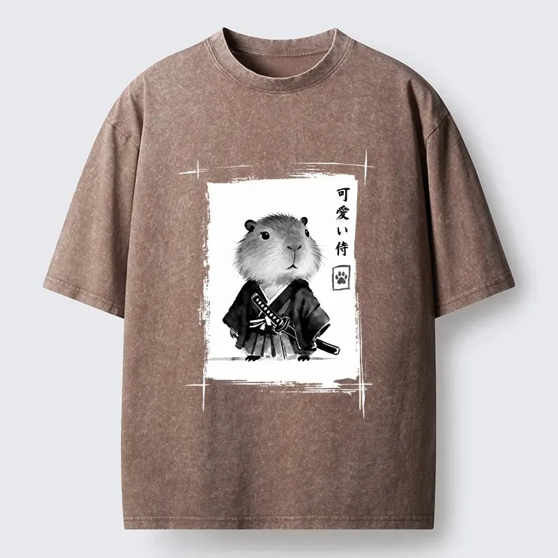 Funny Japanese Samurai Capybara Washed T-Shirt