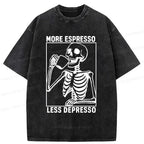 Kyoto-Lion Japanese Skeleton Drinking Coffee Washed T-Shirt