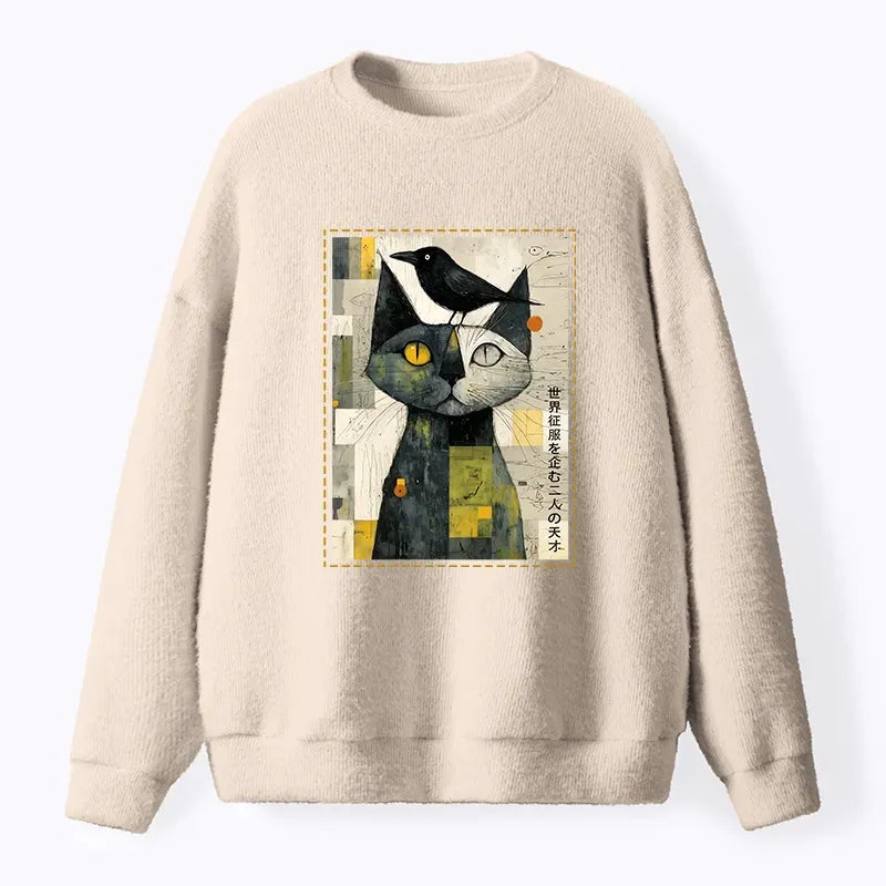 Japanese Cat and Crow Sweatshirt for Daily Wear