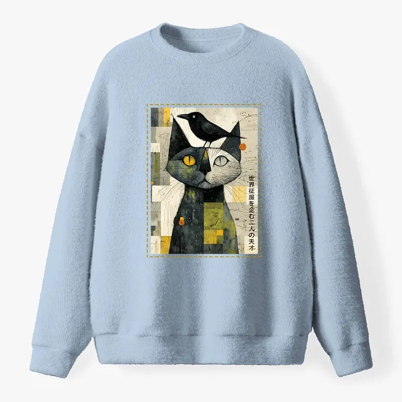 Japanese Cat and Crow Sweatshirt for Daily Wear