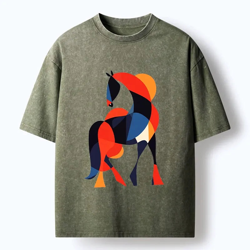 Kyoto-Lion Abstract Color Horse Washed T-Shirt
