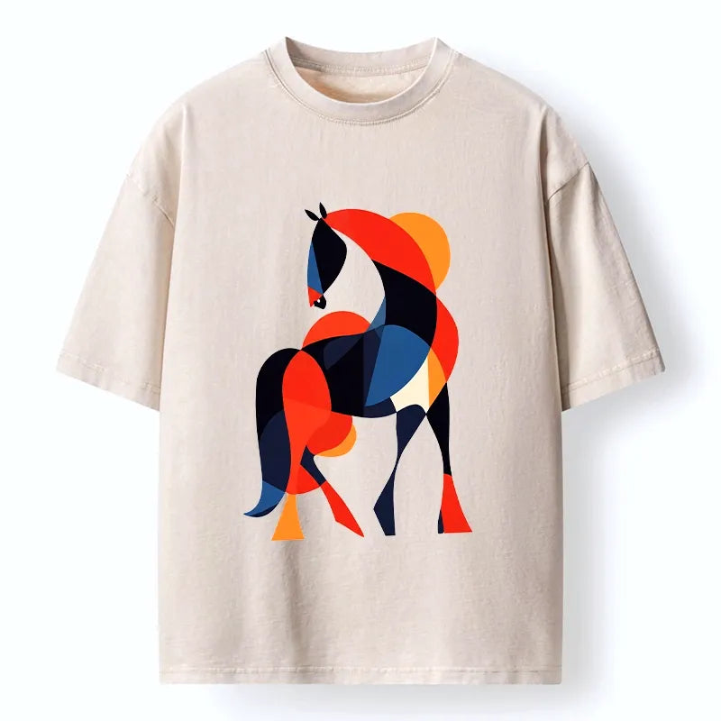 Kyoto-Lion Abstract Color Horse Washed T-Shirt
