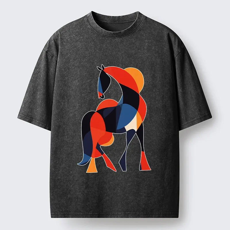 Kyoto-Lion Abstract Color Horse Washed T-Shirt