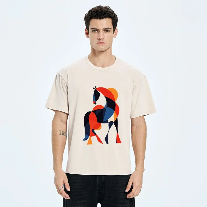 Kyoto-Lion Abstract Color Horse Washed T-Shirt