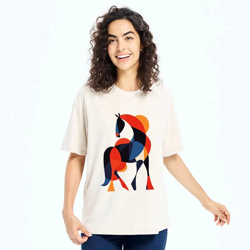 Kyoto-Lion Abstract Color Horse Washed T-Shirt
