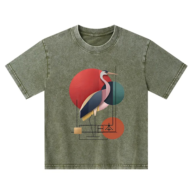 Kyoto-Lion Geometric Crane Art Kids Washed T-Shirt