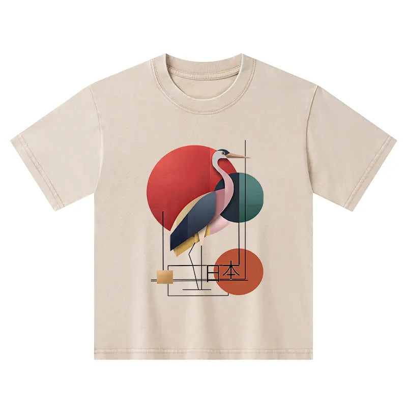 Kyoto-Lion Geometric Crane Art Kids Washed T-Shirt