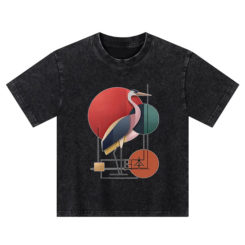 Kyoto-Lion Geometric Crane Art Kids Washed T-Shirt