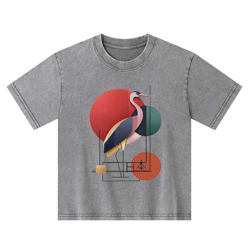 Kyoto-Lion Geometric Crane Art Kids Washed T-Shirt
