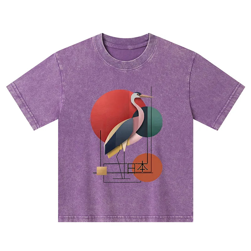 Kyoto-Lion Geometric Crane Art Kids Washed T-Shirt