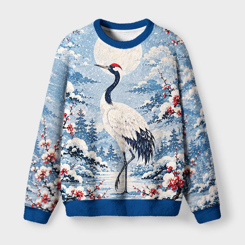 Kyoto-Lion Vintage Winter Crane Fuzzy Christmas Ugly Sweatshirt