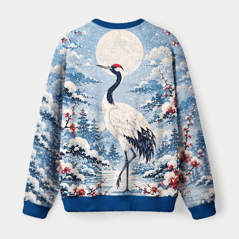 Kyoto-Lion Vintage Winter Crane Fuzzy Christmas Ugly Sweatshirt