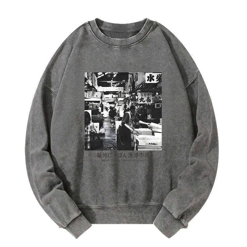 Kyoto-Lion Tsukiji Fish Market Photo Washed Sweatshirt