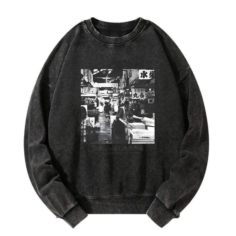 Kyoto-Lion Tsukiji Fish Market Photo Washed Sweatshirt