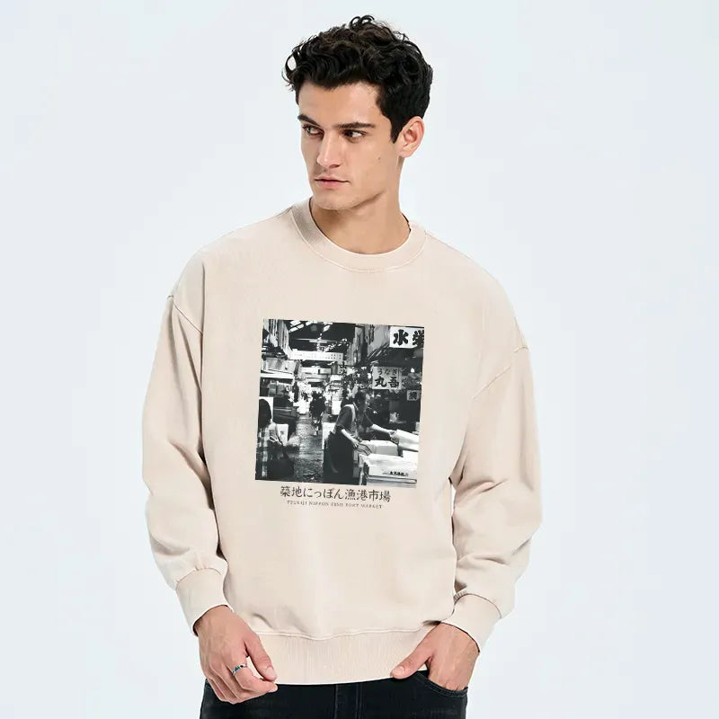 washed unisex sweatshirt with Japanese art